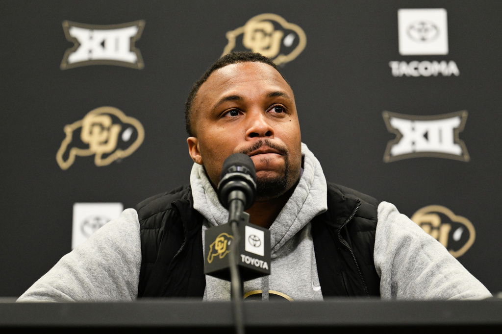 Colorado offensive coordinator Brennan Marion speaks during a press conference, March 2, 2026, in Boulder, Colo. (Matthew Jonas/The Denver Post via AP)