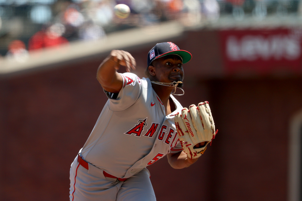Los Angeles Angels pitcher José Soriano throws against the San Francisco Giants during the first inning of a baseball game in San Francisco, Sunday, July 26, 2026. (AP Photo/Jed Jacobsohn)