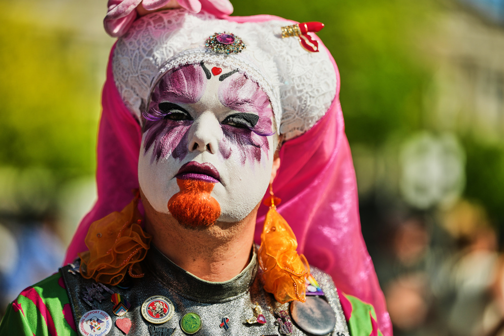 Sister Daphne of the German chapter OSPI of the Sisters of Perpetual Indulgence (SPI) attends the first Drag March on the eve of the Pride March in Berlin, Germany, Friday, July 24, 2026. (AP Photo/Markus Schreiber)