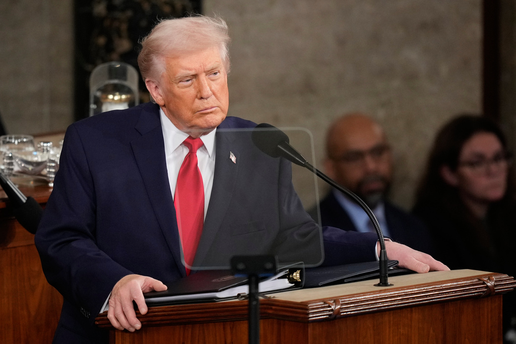 President Donald Trump delivers the State of the Union address to a joint session of Congress in the House chamber at the U.S. Capitol in Washington, Tuesday, Feb. 24, 2026. (AP Photo/Alex Brandon)