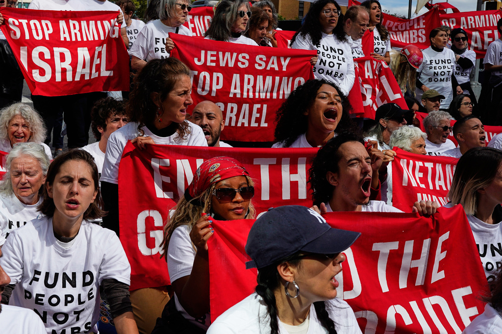 Demonstrators gather to protest ahead of Israeli Prime Minister Benjamin Netanyahu's address during the 81st session of the United Nations General Assembly, Thursday, Sept. 24, 2026, in New York. (AP Photo/Madison Swart)