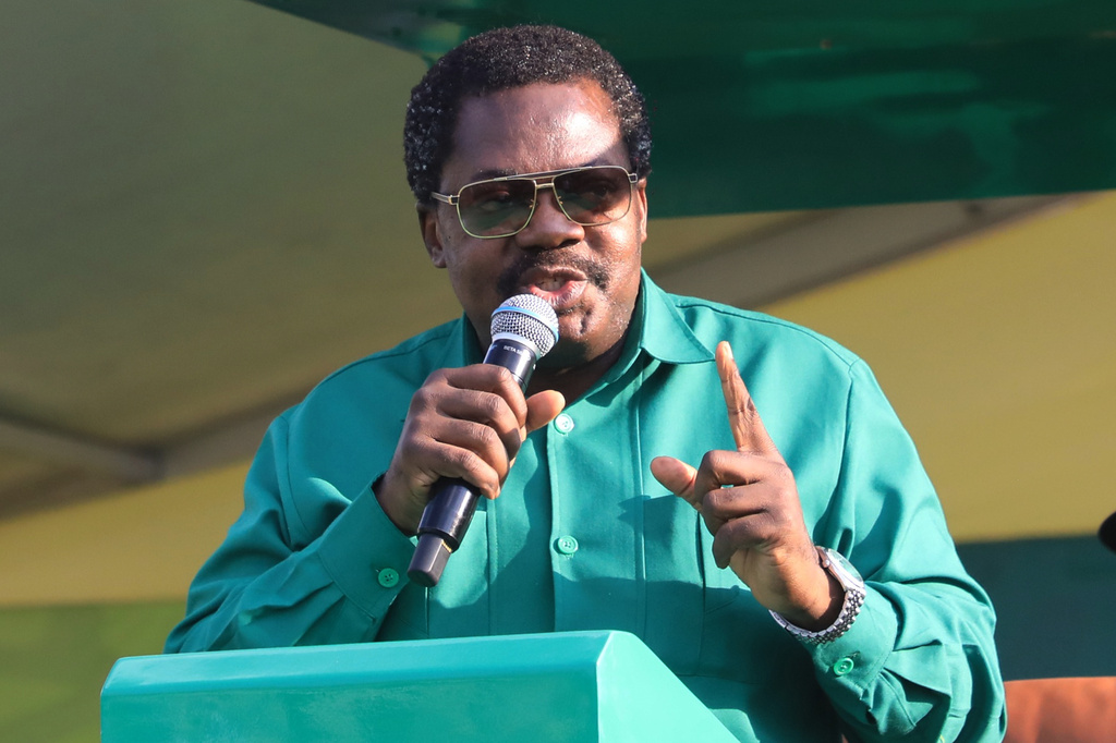 Tanzania's Vice President Emmanuel Nchimbi delivers his speech during a campaign rally in Dodoma, Tanzania, Saturday, Sept. 27, 2025. (AP Photo)