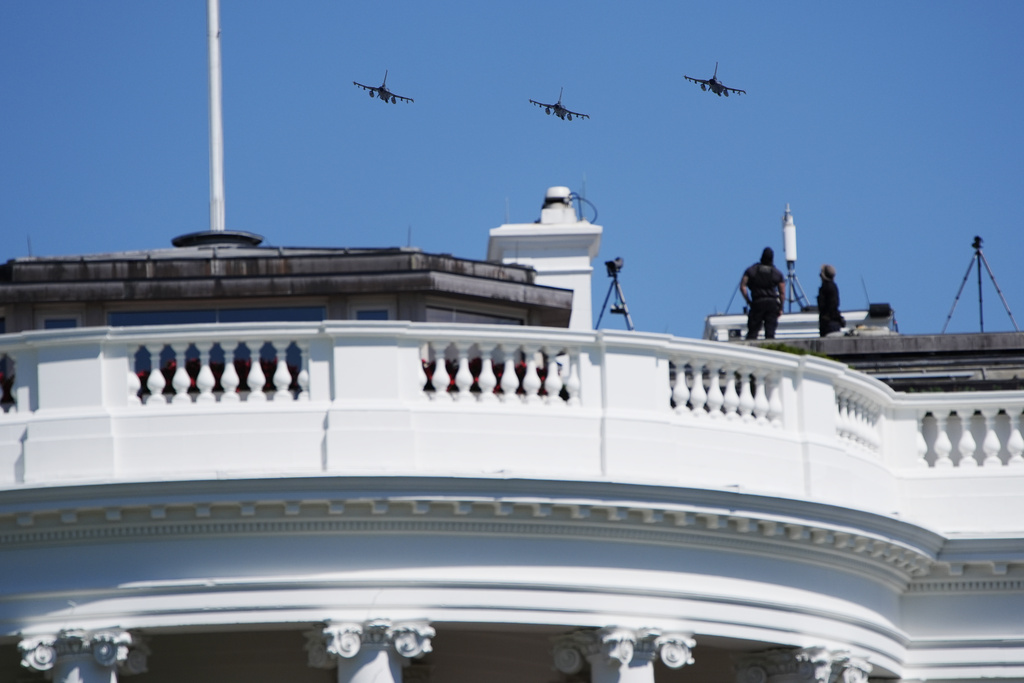 Military aircraft fly over the White House in Washington for the arrival of Polish President Karol Nawrocki, Wednesday, Sept. 3, 2025, in Washington. (AP Photo/Alex Brandon)