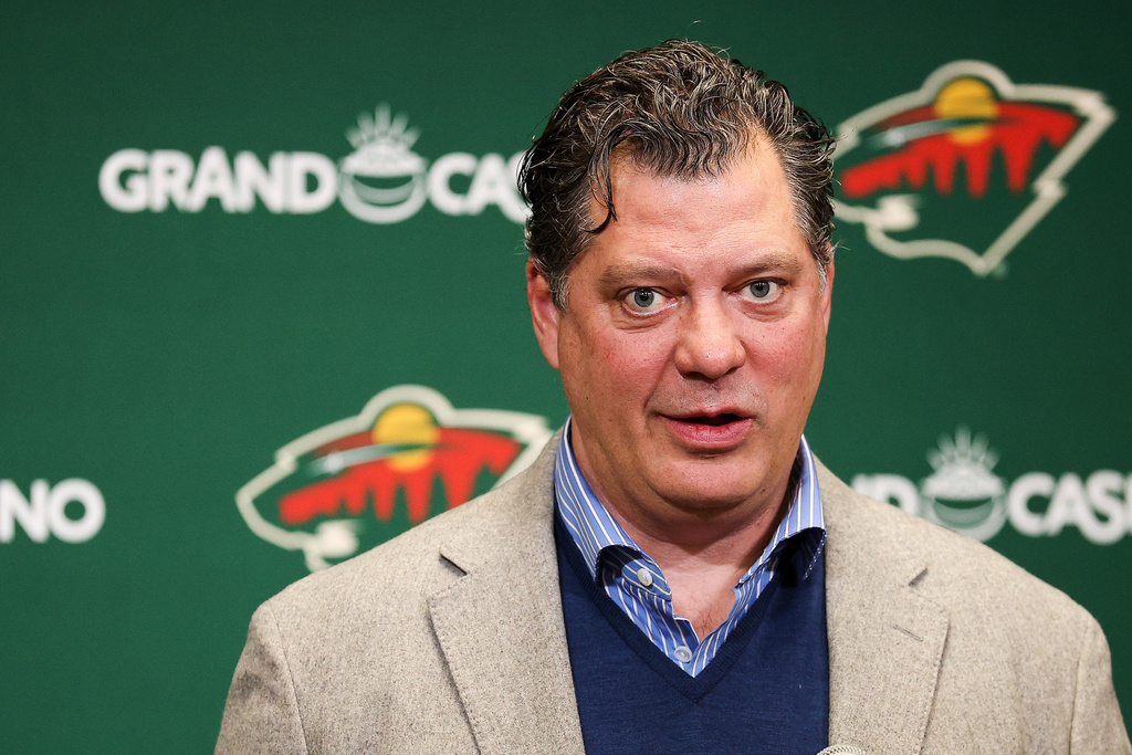 FILE - Minnesota Wild general manager Bill Guerin talks to the media prior to an NHL hockey game between the Wild and the Ottawa Senators, Saturday, Dec. 13, 2025, in St. Paul, Minn. (AP Photo/Matt Krohn, File)