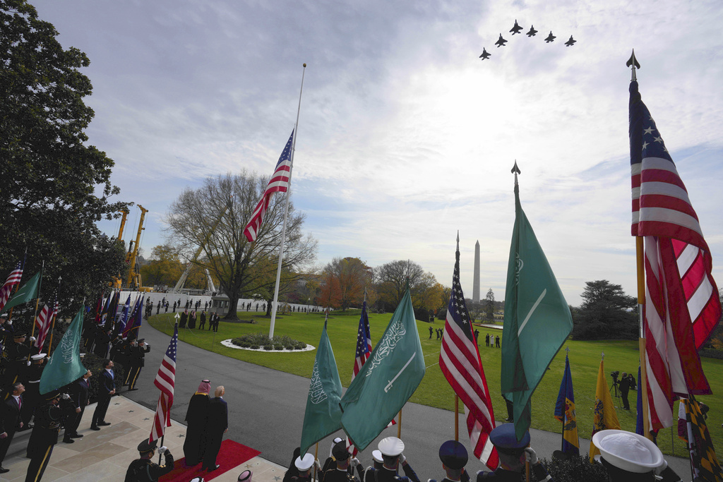 U.S. Air Force jets flyover as President Donald Trump welcomes Saudi Arabia's Crown Prince Mohammed bin Salman to the White House, Tuesday, Nov. 18, 2025, in Washington. (AP Photo/Alex Brandon)\