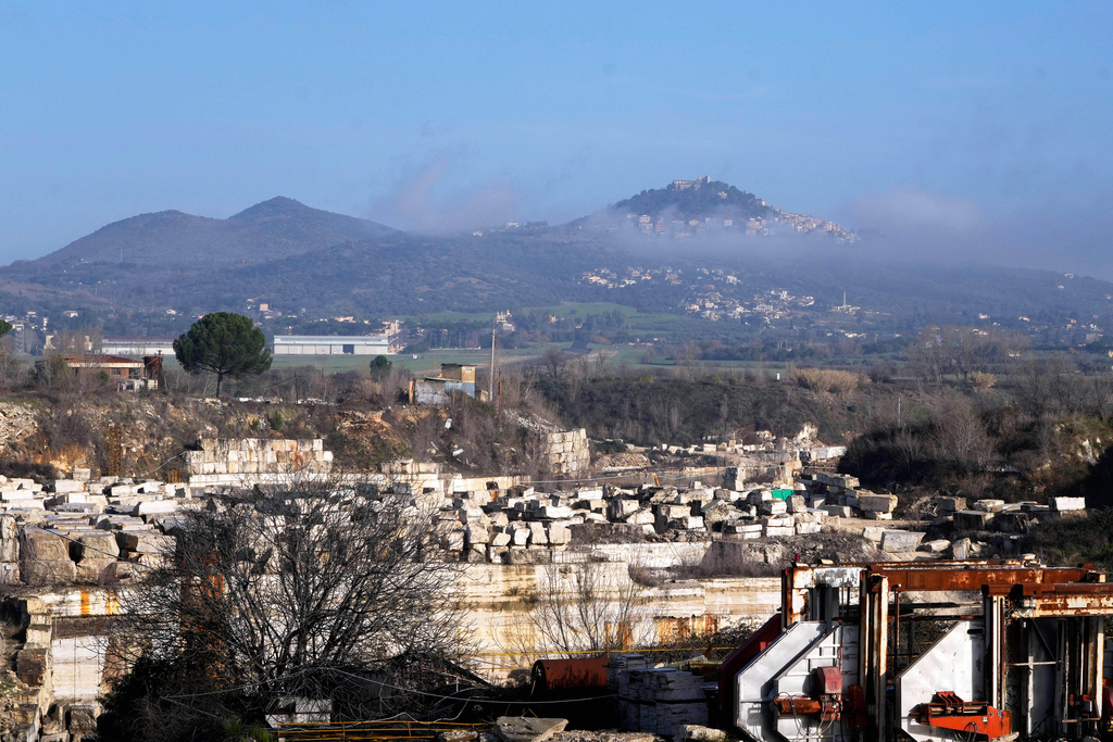 A general view of the Degemar Quarry near Tivoli, Italy, 35 kilometers east of Rome, on Friday, Feb. 13, 2026, where 17th-century Baroque architect Gian Lorenzo Bernini selected travertine for the colonnade of St. Peter's Square. (AP Photo/Gregorio Borgia)