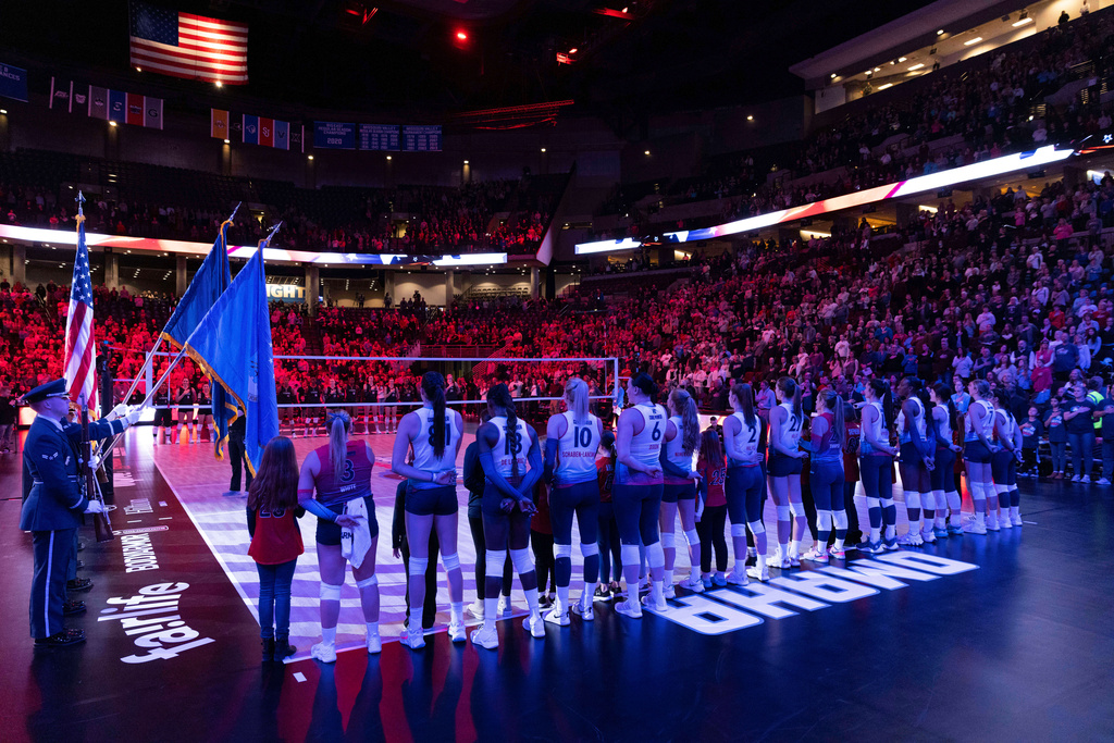 FILE - The Omaha Supernovas stand for the singing of the national anthem before playing against Atlanta Vibe during a Pro Volleyball Federation game, Jan. 24, 2024, in Omaha, Neb. (AP Photo/Rebecca S. Gratz, file)