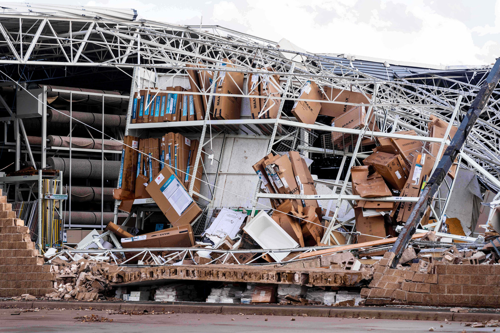 Damage is seen to Menards after a reported tornado in Three Rivers, Mich., on Friday, March 6, 2026. (Devin Anderson-Torrez/MLive via AP)