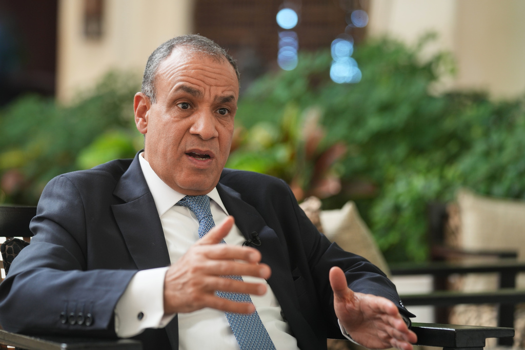 Egyptian Foreign Minister Badr Abdelatty, speaks during an interview with the Associated Press at the Red Sea city of Sharm el-Sheikh, Egypt, Monday, Oct. 13, 2025. (AP Photo/Amr Nabil)