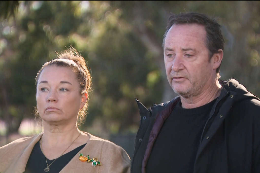 In this image made from video, Samantha Morton, left, and Shaun Bowles, the parents of Holly Morton-Bowles, speak during news conference in Melbourne, Australia, Friday, July 17, 2026. (Channel 9 via AP)