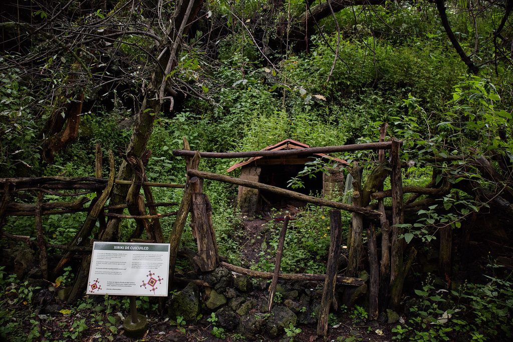 A shrine made by Wixarika Indigenous people in honor of the gods sits at the Cuicuilco Archaeological Zone in Mexico City, Sunday, Oct. 5, 2025. (AP Photo/Ginnette Riquelme)