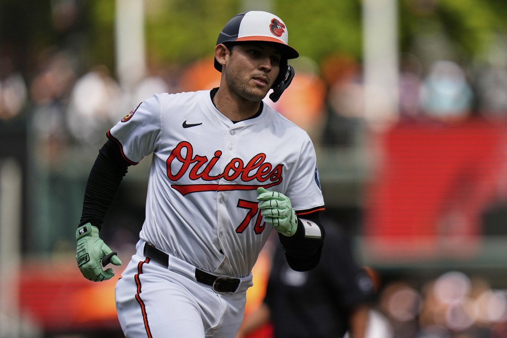 Baltimore Orioles' Alex Jackson (70) rounds the bases after hitting a home run during the third inning of a baseball game against the Boston Red Sox, Thursday, Aug. 28, 2025, in Baltimore. (AP Photo/Stephanie Scarbrough)