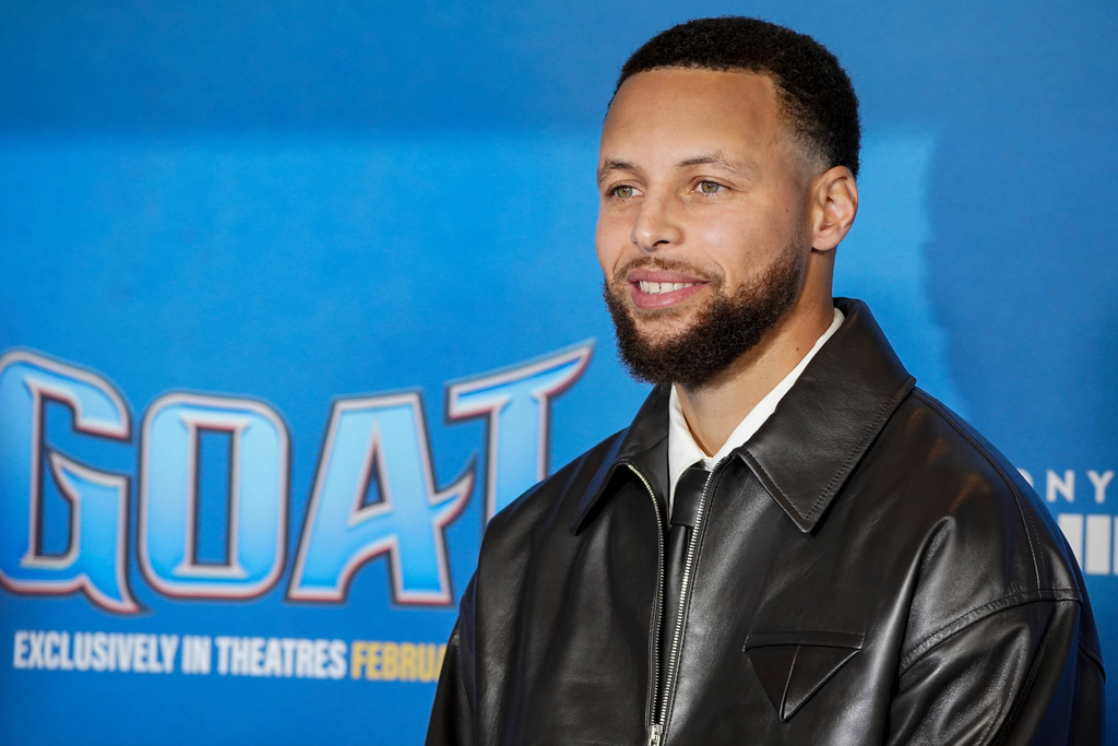 Stephen Curry arrives at the premiere of "GOAT" on Friday, Feb. 6, 2026, at AMC Century City 15 in Los Angeles. (Photo by Jordan Strauss/Invision/AP)