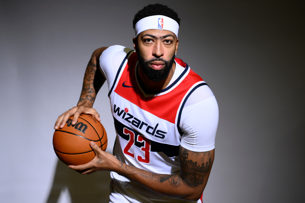 Washington Wizards forward/center Anthony Davis poses for a photo during the NBA basketball team's media day, Monday, Sept. 28, 2026, in Washington. (AP Photo/Nick Wass)