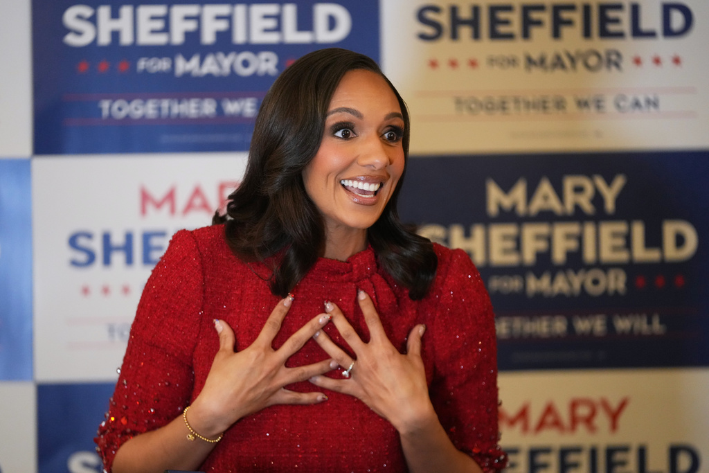 Detroit mayoral candidate Mary Sheffield speaks before an election night watch party on Tuesday, Nov. 4, 2025, in Detroit. (AP Photo/Paul Sancya)