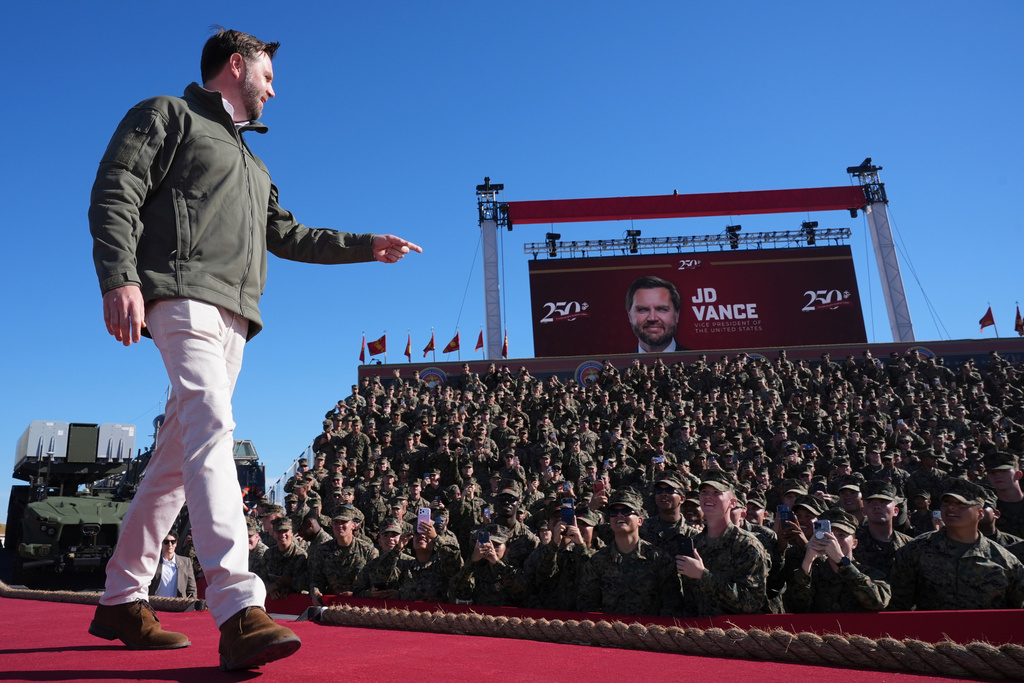 Vice President JD Vance arrives to speak at an event during activities to mark the upcoming Marine Corps' 250th anniversary Saturday, Oct 18, 2025, on Marine Corps Base Camp Pendleton in Camp Pendleton, Calif. (AP Photo/Gregory Bull)