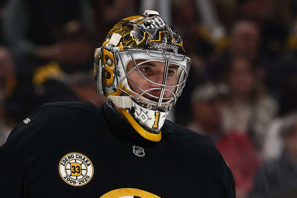 Boston Bruins goaltender Jeremy Swayman looks on during an NHL hockey game against the Seattle Kraken Thursday, Jan. 15, 2026, in Boston. (AP Photo/Winslow Townson)