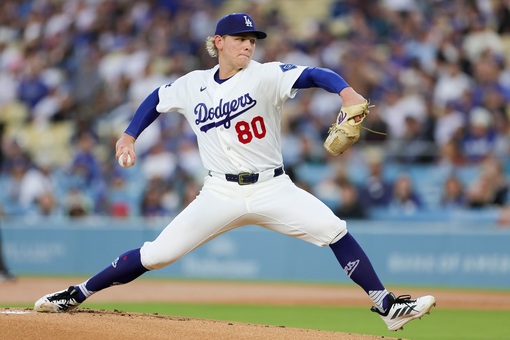 Los Angeles Dodgers starting pitcher Emmet Sheehan throws during the first inning of a baseball game against the Chicago Cubs, Friday, April 24, 2026, in Los Angeles. (AP Photo/Ryan Sun)