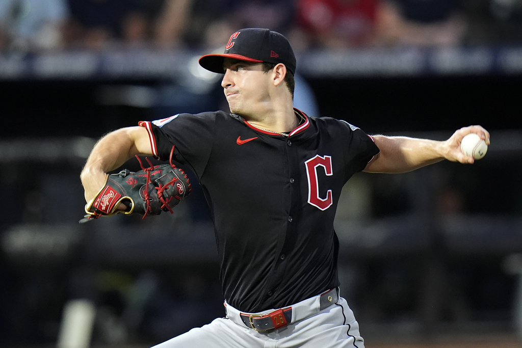 Cleveland Guardians pitcher Logan Allen delivers to the Tampa Bay Rays during the first inning of a baseball game Thursday, Sept. 4, 2025, in Tampa, Fla. (AP Photo/Chris O'Meara)