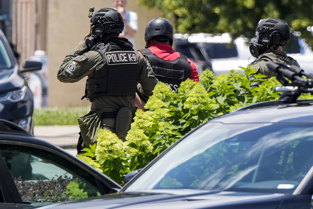 Mario Guevara with MGNews is detained by Dekalb County Sheriff's deputies in Dekalb County, during a &quot;No Kings&quot; protest near Atlanta, on Saturday, June 14, 2025/ (AP Photo/Mike Stewart)