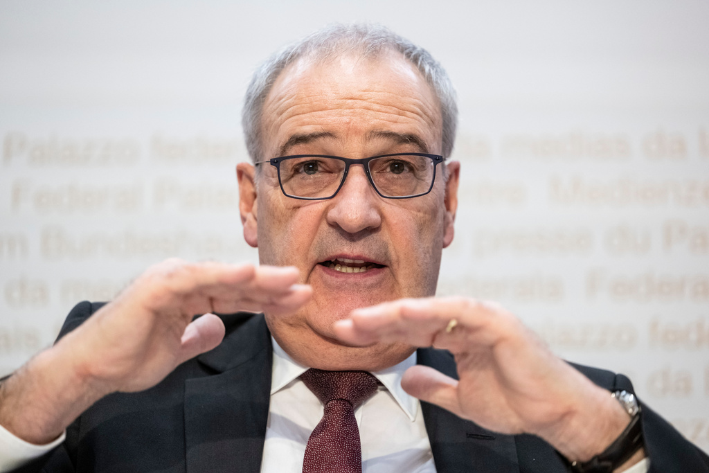 Swiss Federal Councillor Guy Parmelin speaks during a news conference, Friday, Nov. 14, 2025, in Bern, Switzerland. (Alessandro della Valle/Keystone via AP)