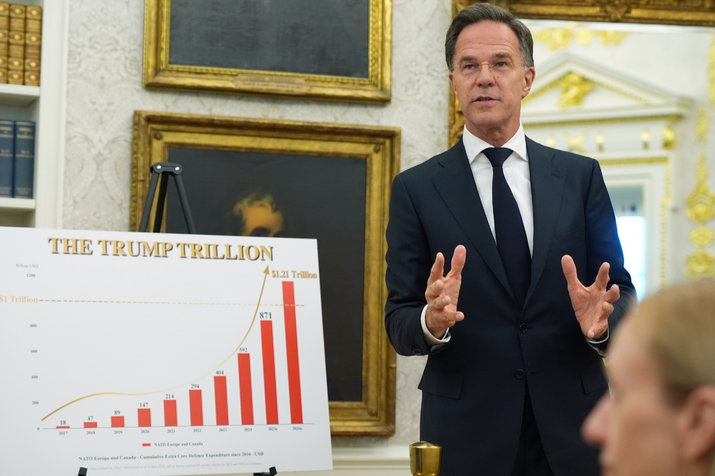 NATO Secretary General Mark Rutte speaks during a meeting with President Donald Trump in the Oval Office at the White House, Wednesday, June 24, 2026, in Washington. (AP Photo/Jacquelyn Martin)