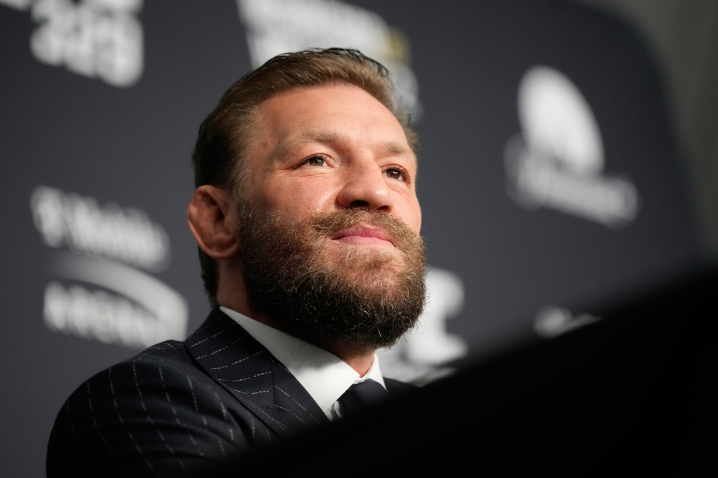 Conor McGregor speaks during a news conference for the UFC 329 mixed martial arts event Wednesday, July 8, 2026, in Las Vegas. (AP Photo/John Locher)