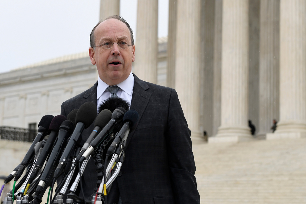 FILE - Attorney Paul Clement makes a statement outside of the Supreme Court in Washington, Dec. 2, 2019. (AP Photo/Susan Walsh, File)