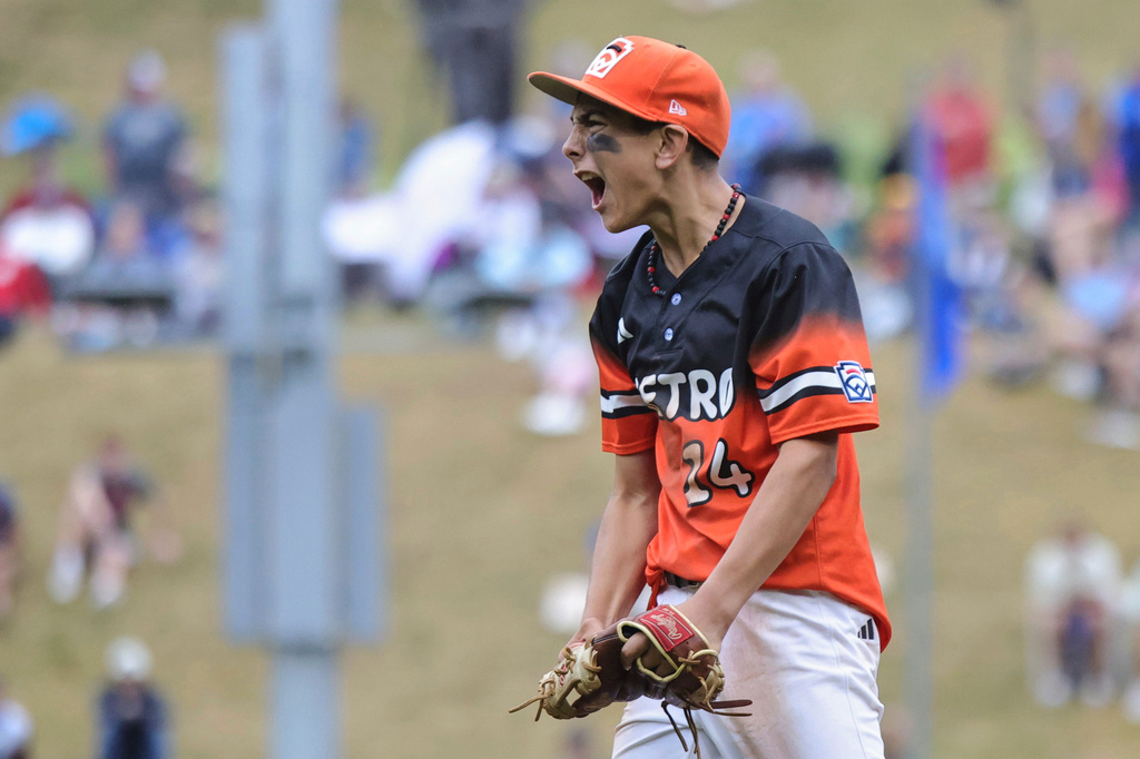 Fairfield, Conn.'s SJ Taxiltaridis celebrates an inning ending strikeout with the bases loaded after the fourth inning of a baseball game against Las Vegas, Nev., at the Little League World Series, Wednesday, Aug. 20, 2025, in South Williamsport, Pa. (AP Photo/Jared Freed)