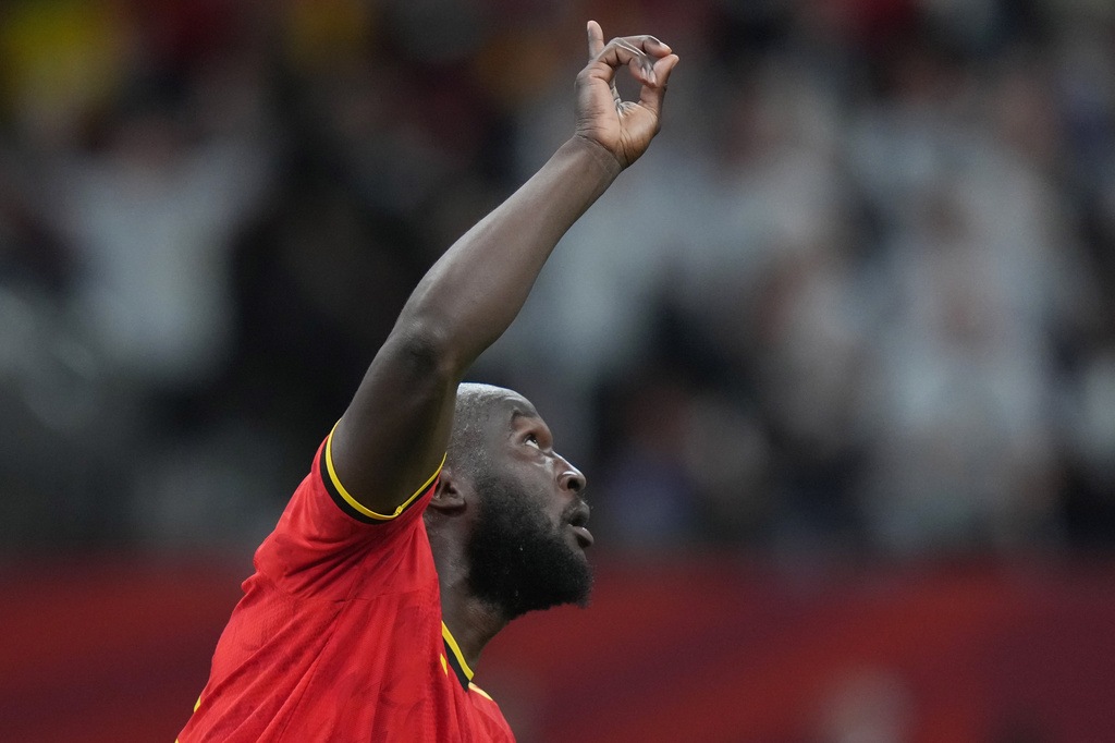 Belgium's Romelu Lukaku (9) celebrates his goal against New Zealand during the second half of their World Cup Group G soccer match in Vancouver, British Columbia, Friday, June 26, 2026. (Darryl Dyck/The Canadian Press via AP)