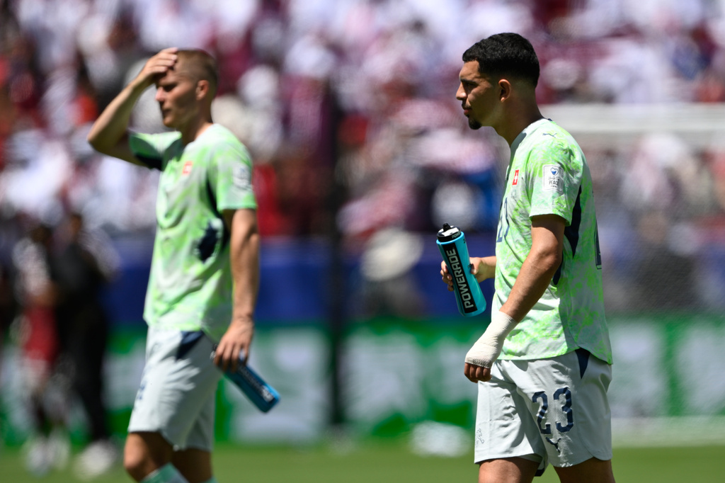 Switzerland's Zeki Amdouni reacts after the end of the World Cup Group B soccer match between Qatar and Switzerland in Santa Clara, Calif., near San Francisco, Saturday, June 13, 2026. (AP Photo/Eakin Howard)