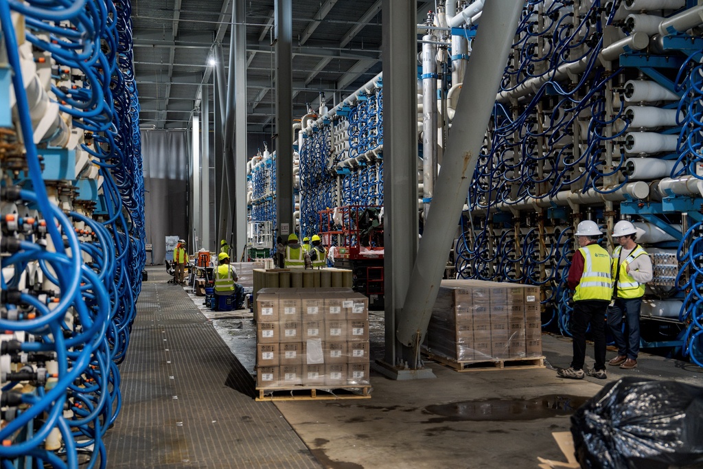 Reverse osmosis machinery operates at the Carlsbad desalination plant in Carlsbad, Calif., Tuesday, Dec. 2, 2025. (AP Photo/Annika Hammerschlag)