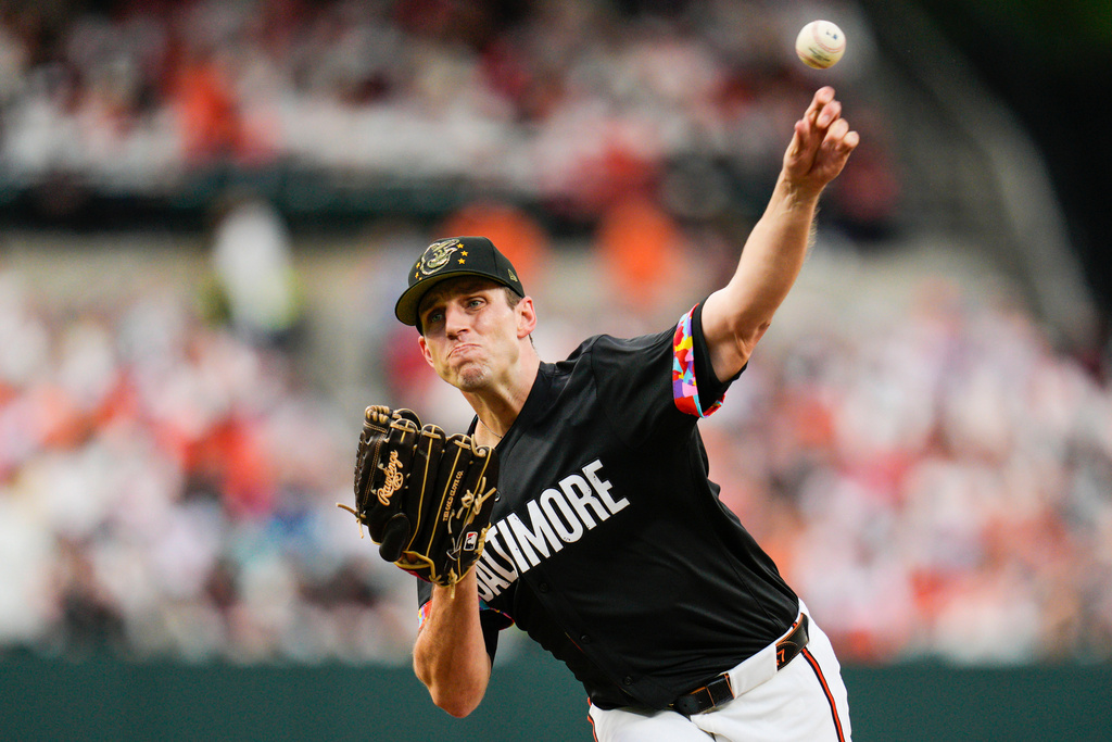 FILE - Baltimore Orioles starting pitcher John Means throws to the Seattle Mariners during the first inning of a baseball game, Friday, May 17, 2024, in Baltimore. (AP Photo/Jess Rapfogel, File)