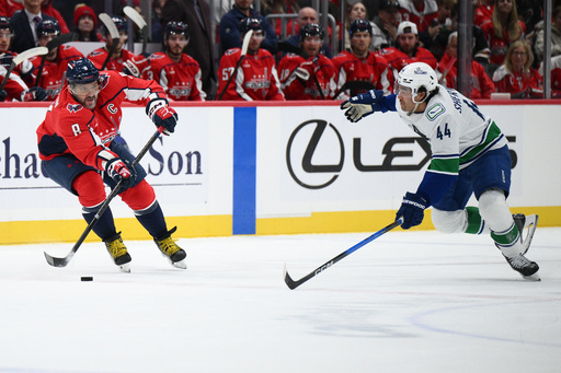 Washington Capitals left wing Alex Ovechkin (8) passes the puck against Vancouver Canucks left wing Kiefer Sherwood (44) during the first period of an NHL hockey game, Sunday, Oct. 19, 2025, in Washington. (AP Photo/Nick Wass) Washington Capitals left wing Alex Ovechkin (8) passes the puck against Vancouver Canucks left wing Kiefer Sherwood (44) during the first period of an NHL hockey game, Sunday, Oct. 19, 2025, in Washington. (AP Photo/Nick Wass)
