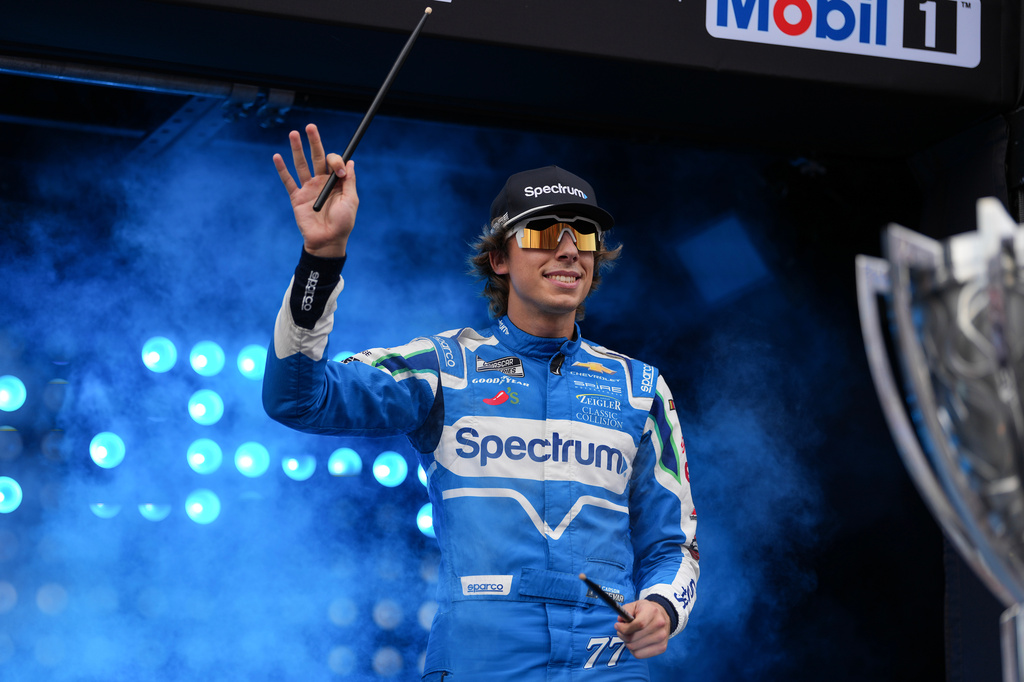 Carson Hocevar is introduced to fans prior to a NASCAR Cup Series auto race Sunday, Sept. 6, 2026, in Darlington, S.C. (AP Photo/Matt Kelley)