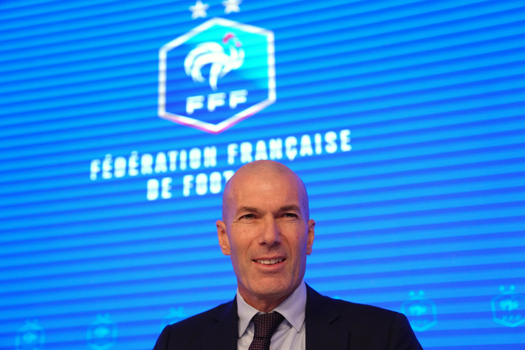 Zinedine Zidane, newly appointed coach of the France national soccer team, smiles during a media conference at the headquarters of French Football Federation headquarters in Paris, Tuesday, July 28, 2026. (AP Photo/Aurelien Morissard)