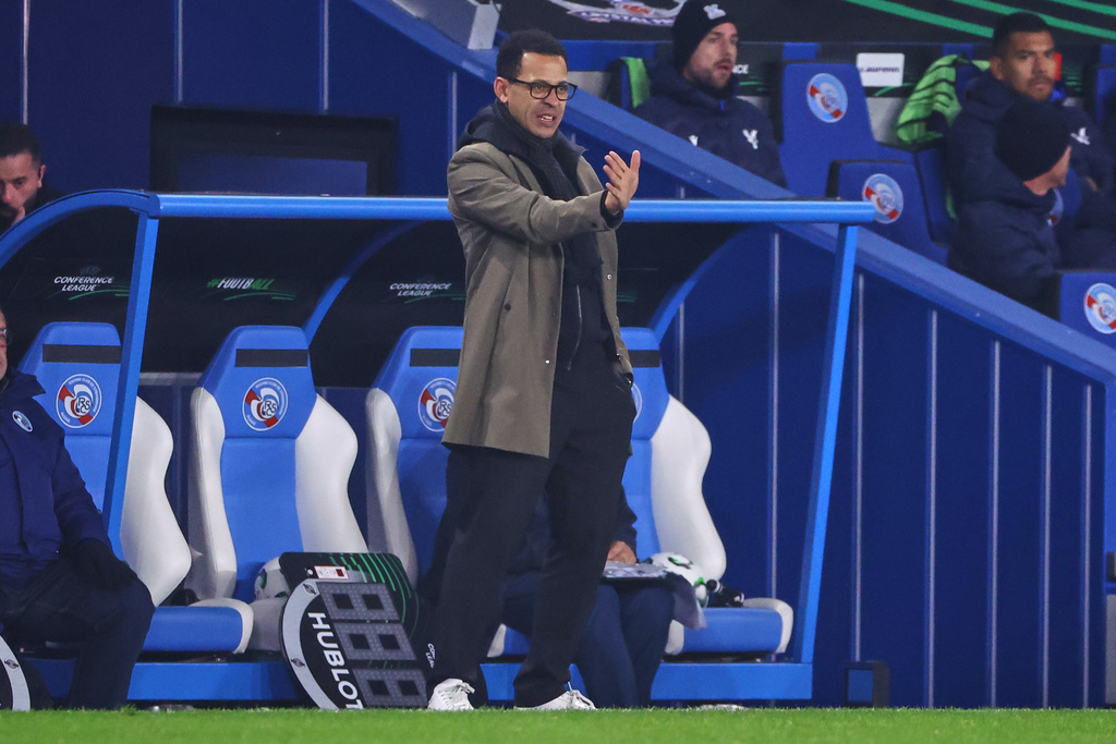 FILE -Strasbourg's head coach Liam Rosenior gestures from the touchline during the Europa Conference League opening phase soccer match between Strasbourg and Crystal Palace in Strasbourg, France, Nov. 27, 2025. (AP Photo/Antonin Utz, File)