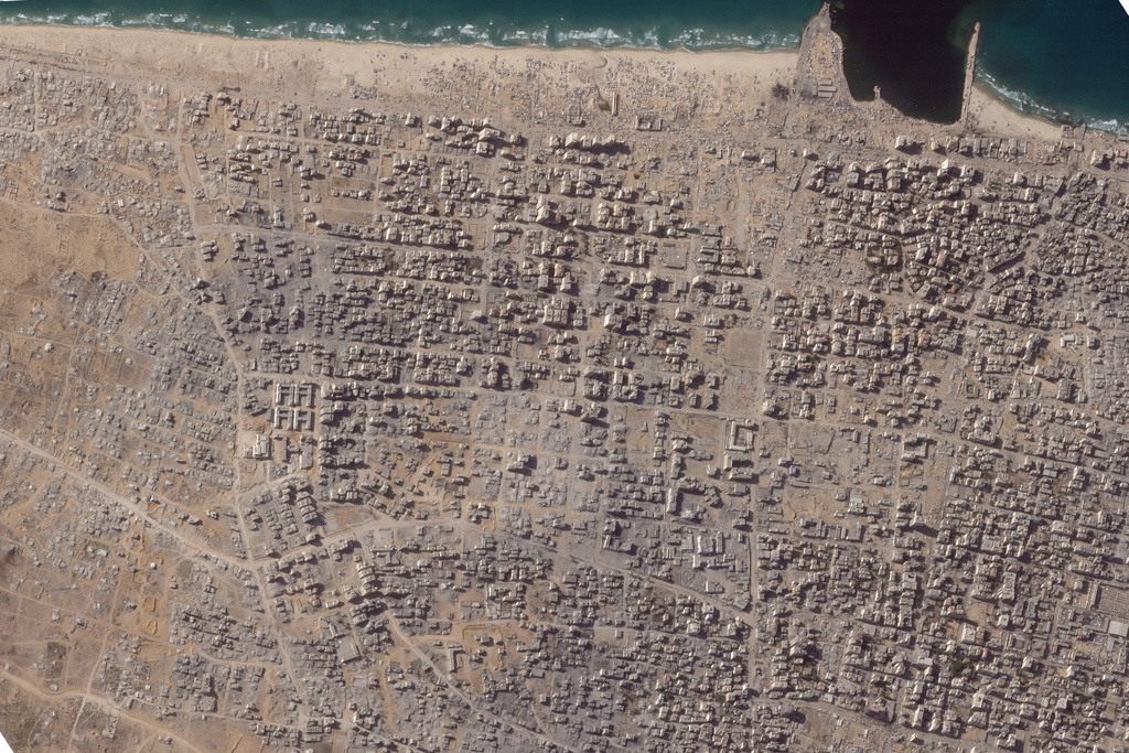 In this satellite photo from Planet Labs PBC, a portion of Gaza City, Gaza Strip, is seen Saturday, Oct. 11, 2025. (Planet Labs PBC via AP)