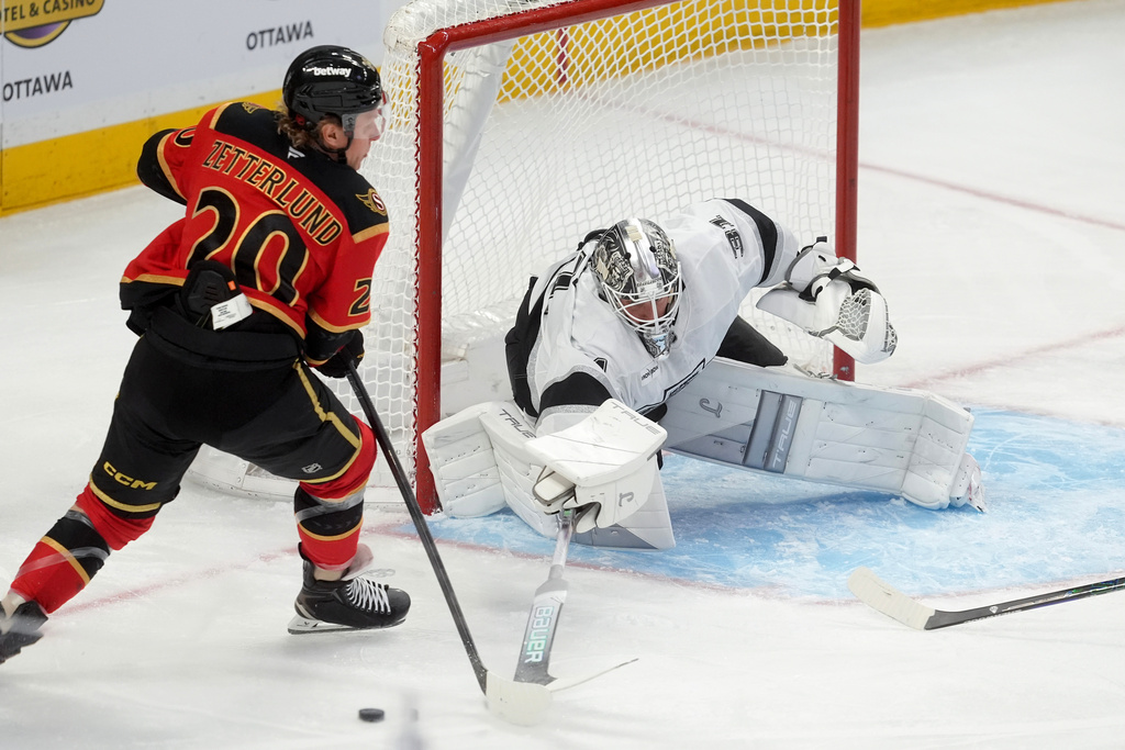 Los Angeles Kings goaltender Anton Forsberg (31) pokes the puck away from Ottawa Senators left wing Fabian Zetterlund (20) during the first period of an NHL hockey game in Ottawa, Ontario, Saturday, Nov. 15, 2025. (Adrian Wyld/The Canadian Press via AP)