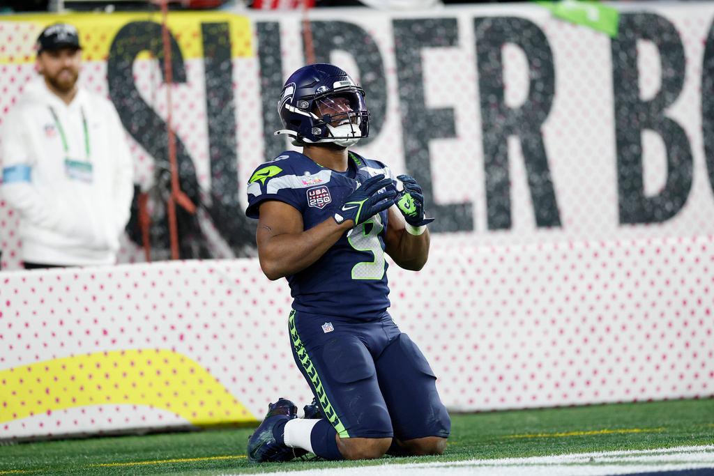 Seattle Seahawks' Kenneth Walker III smiles after his fourth quarter touchdown was nullified by a holding penalty during the Super Bowl 60 in Santa Clara, Calif., Sunday, Feb. 8, 2026. (Scott Strazzante/San Francisco Chronicle via AP)