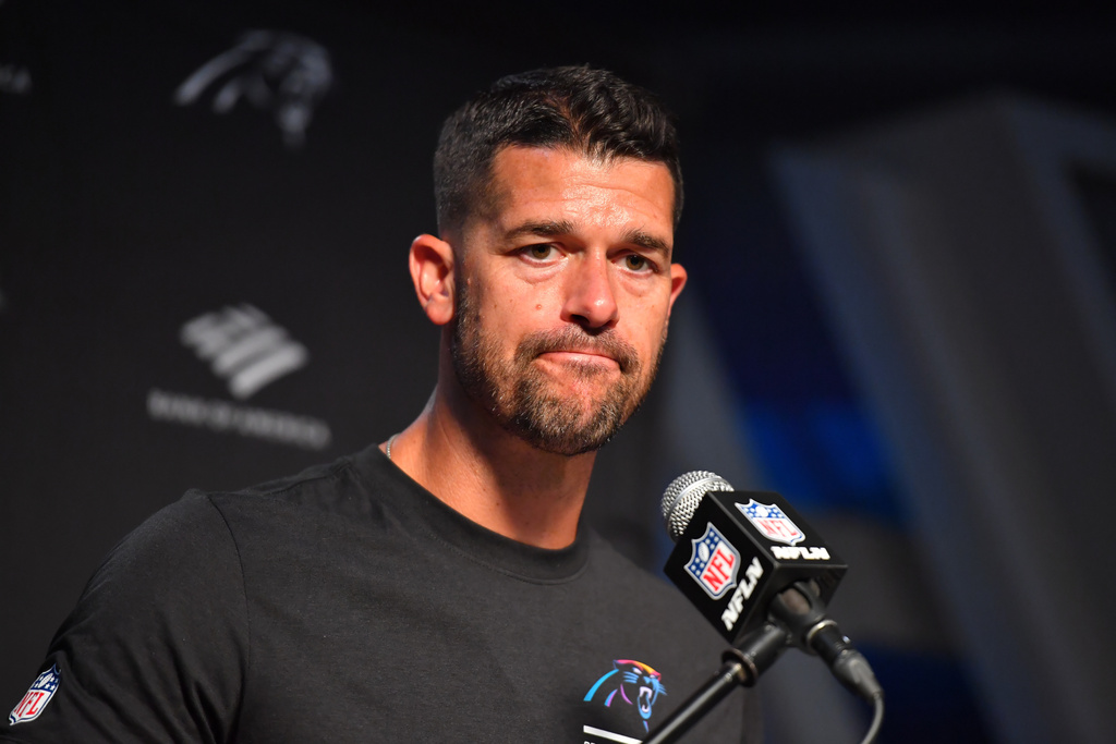 Carolina Panthers head coach Dave Canales speaks during a news conference after an NFL football game against the New England Patriots, Sunday, Sept. 28, 2025, in Foxborough, Mass. (AP Photo/Steven Senne)