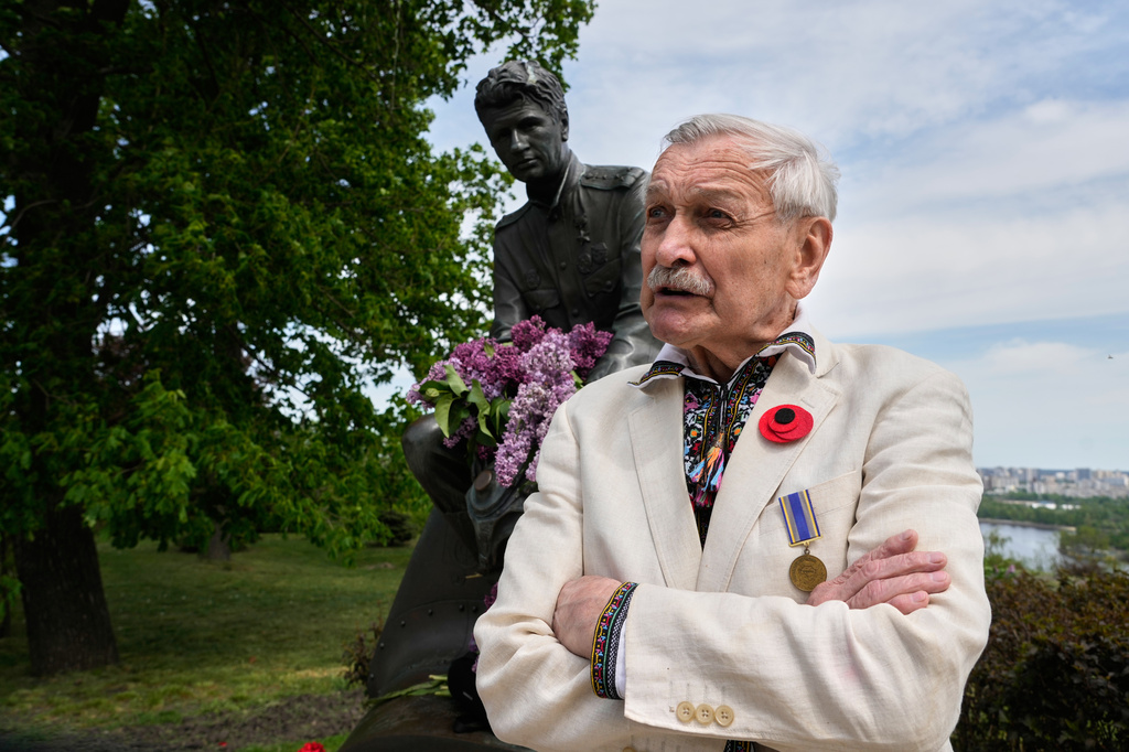 Famous Ukrainian actor Volodymyr Talashko looks on at a monument to pilots to mark Victory Day in World War II, in Kyiv, Ukraine, Tuesday, May 8, 2026, as the Russian attack on Ukraine continues. (AP Photo/Efrem Lukatsky)