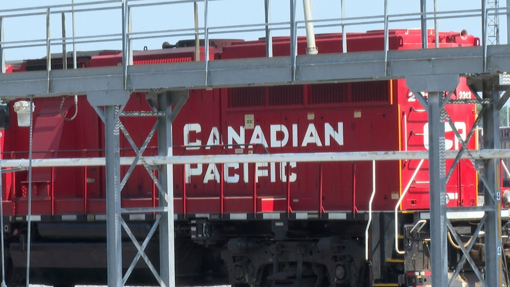 FILE - A Canada Pacific (CPKC) train stopped in a railyard near the CPKC offices located in Kansas City, Mo., Aug. 19, 2024. (AP Photo/Nick Ingram, File)