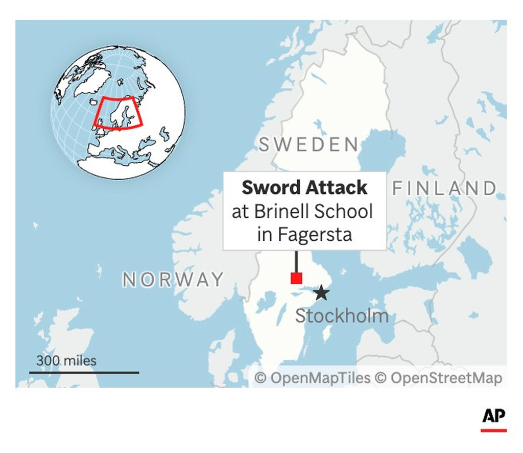 A map showing a sword attack location at the Brinell School, Fagersta, Sweden. (AP Digital Embed)