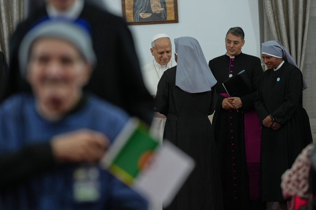 Pope Leo XIV visits the nursing home of the Little Sisters of the Poor in Annaba, Algeria, Tuesday, April 14, 2026, on the second day of an 11-day apostolic journey to Africa. (AP Photo/Andrew Medichini, Pool)