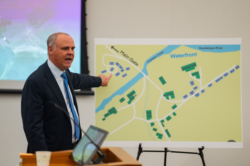 Brad Beckworth, who represents the Stewards, questions camp director Edward Eastland on the stand during a hearing on a suit against Camp Mystic in the 459th State District Court, in Austin, Texas, Monday, April 13, 2026. (Mikala Compton/Austin American-Statesman via AP)