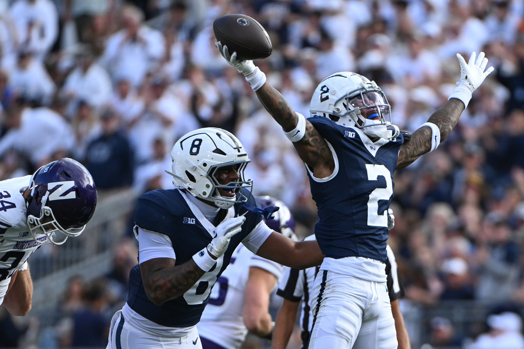 Penn State cornerback Audavion Collins (2) celebrates after recovering a fumble on a kickoff by Northwestern during the second quarter of an NCAA college football game, Saturday, Oct. 11, 2025, in State College, Pa. (AP Photo/Barry Reeger)