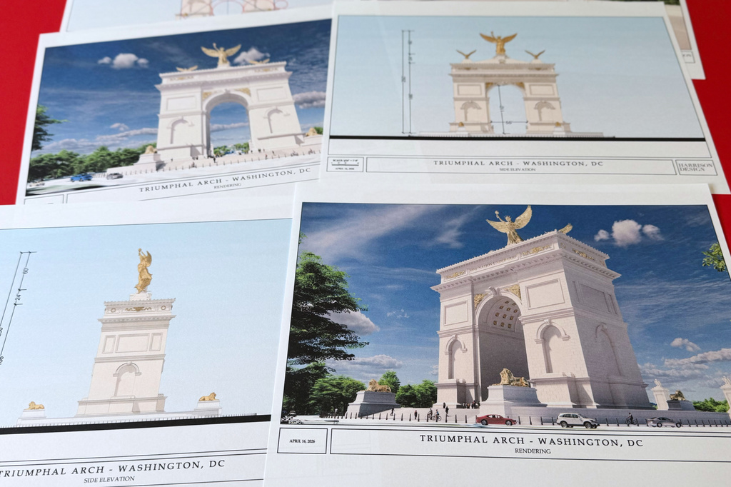 Artist renderings and diagrams for President Donald Trump's new triumphal arch released by the U.S. Commission of Fine Arts that is planned to be built in Washington between the Lincoln Memorial and Arlington National Cemetery, are photographed Friday, April 10, 2026. (AP Photo/Jon Elswick)
