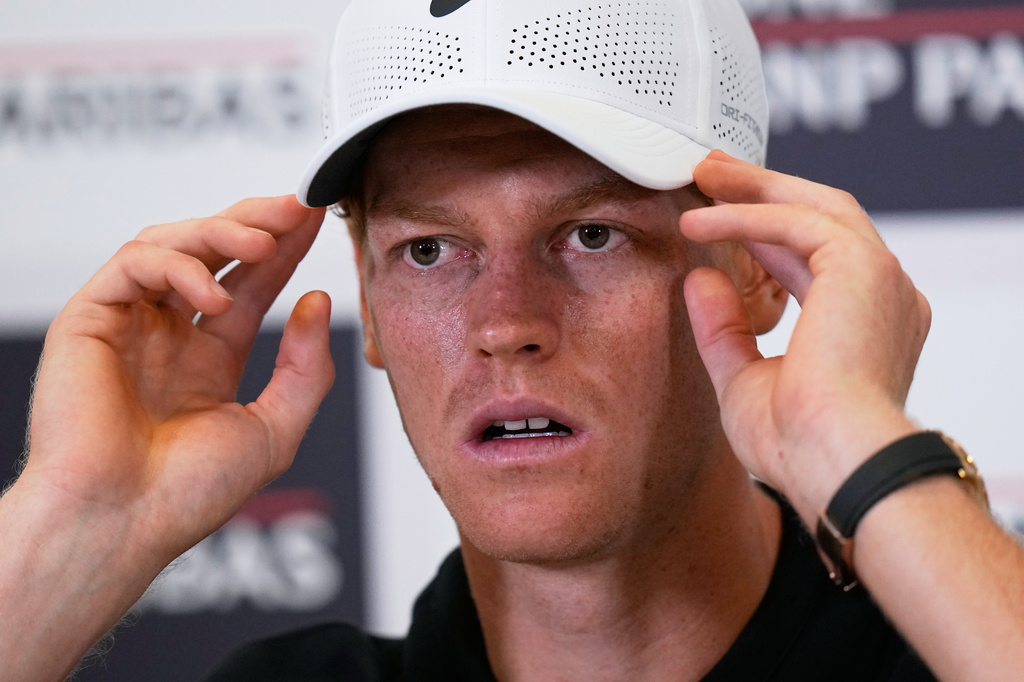 Jannik Sinner, of Italy, listens reporters' question during a press conference during the Italian Open at the Foro Italico in Rome, Thursday, May 7, 2026. (AP Photo/Alessandra Tarantino)