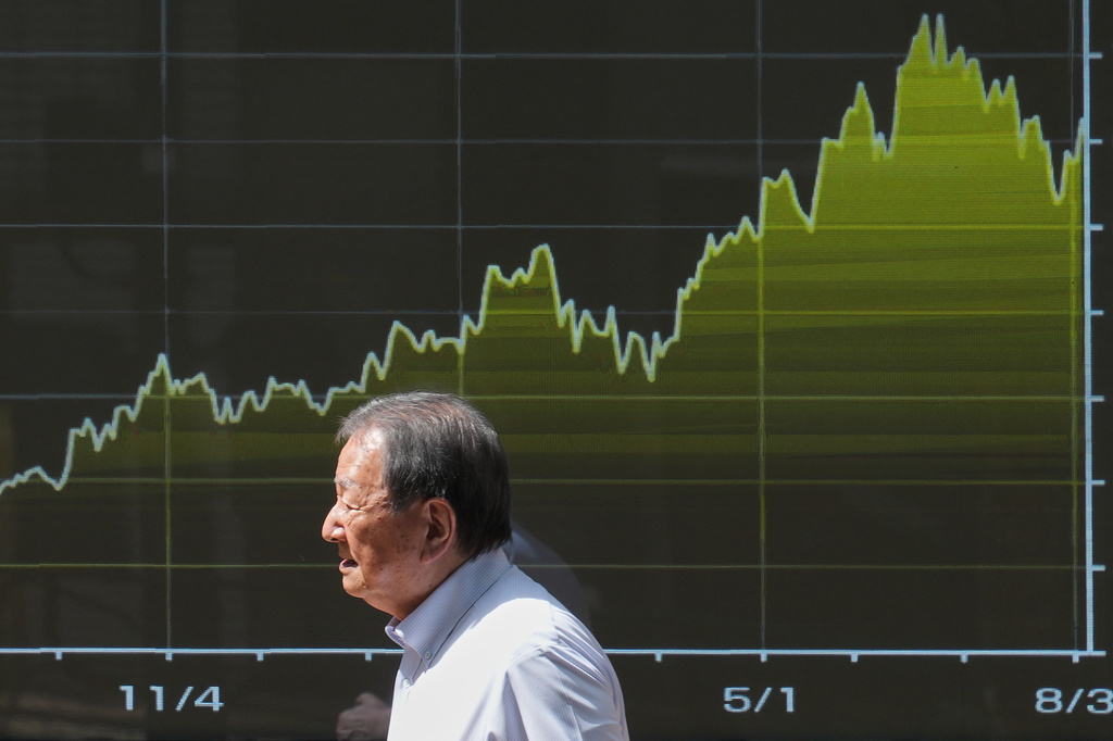 A person walks past an electronic board showing Japan's Nikkei index chart at a securities firm Thursday, Aug. 6, 2026, in Tokyo. (AP Photo/Eugene Hoshiko)